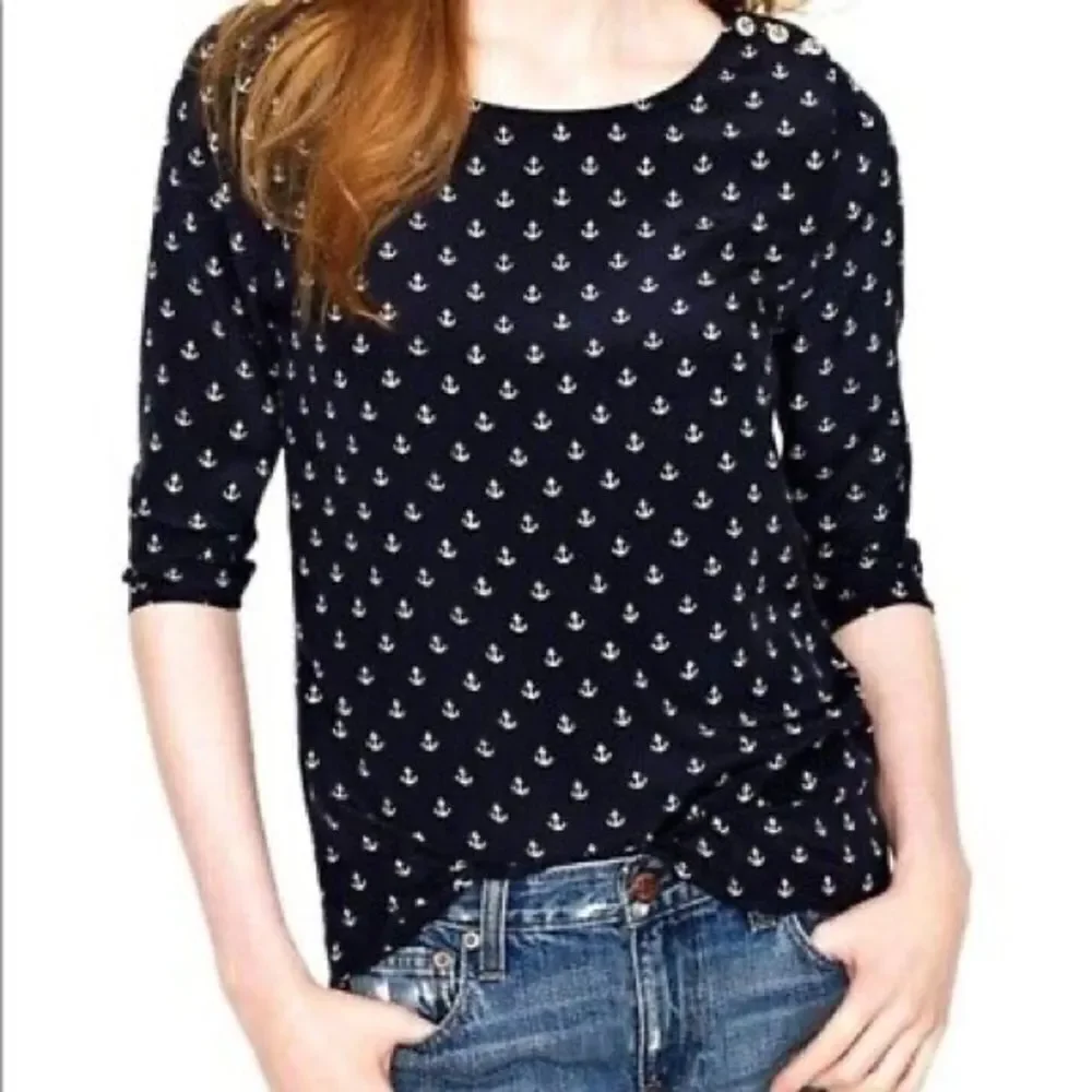 J. CREW Silk Popover Blouse Shirt With Anchor Nautical Print Navy Blue White 0